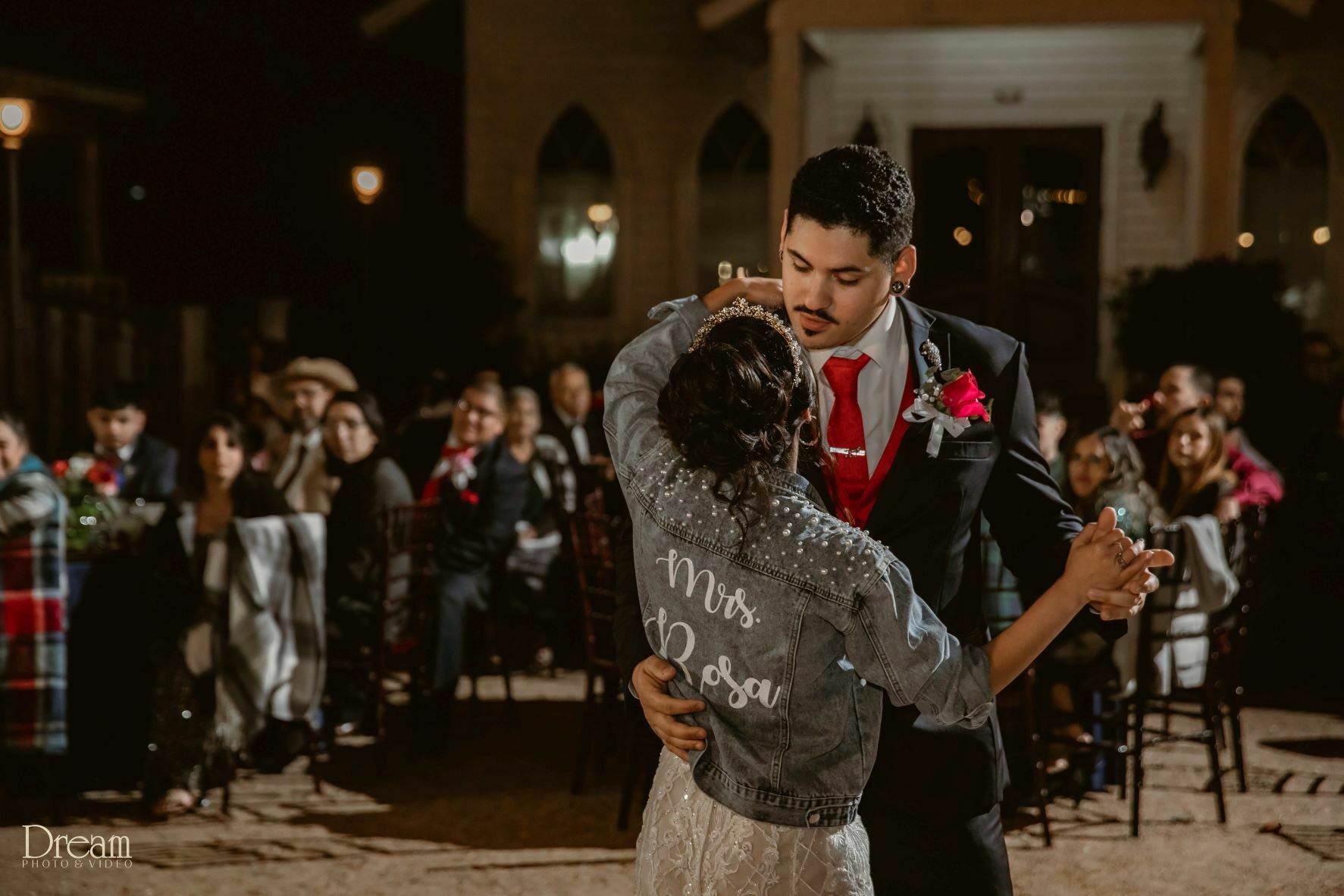 bride and groom dancing outdoor reception
